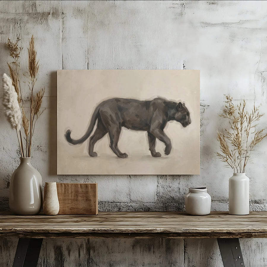 Black Panther Wildlife Horizontal Canvas | Minimalist Big Cat Oil Painting Style Art | Premium 1.25 Inch Gallery Wrap | Modern Living Room Wall Decor, Housewarming Gift