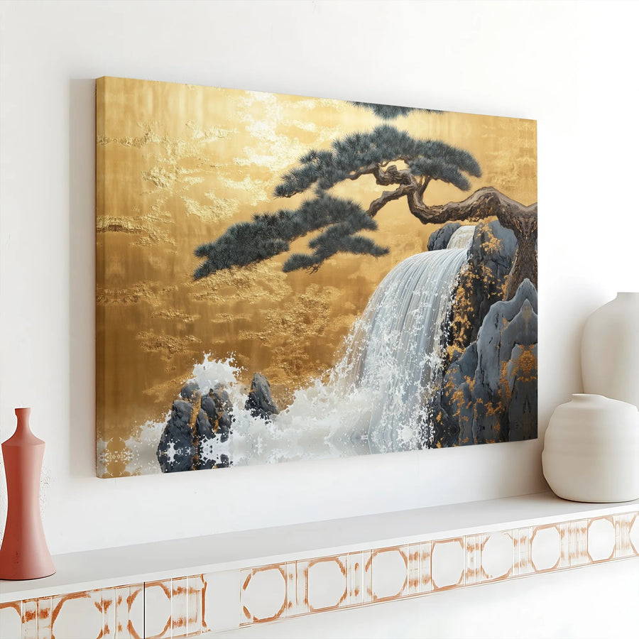 Japanese Waterfall Canvas Print | Ukiyo-e Style Pine Tree Art with Gold Background | 1.25" Thick Gallery Wrap | Zen Inspired Home Decor Gift