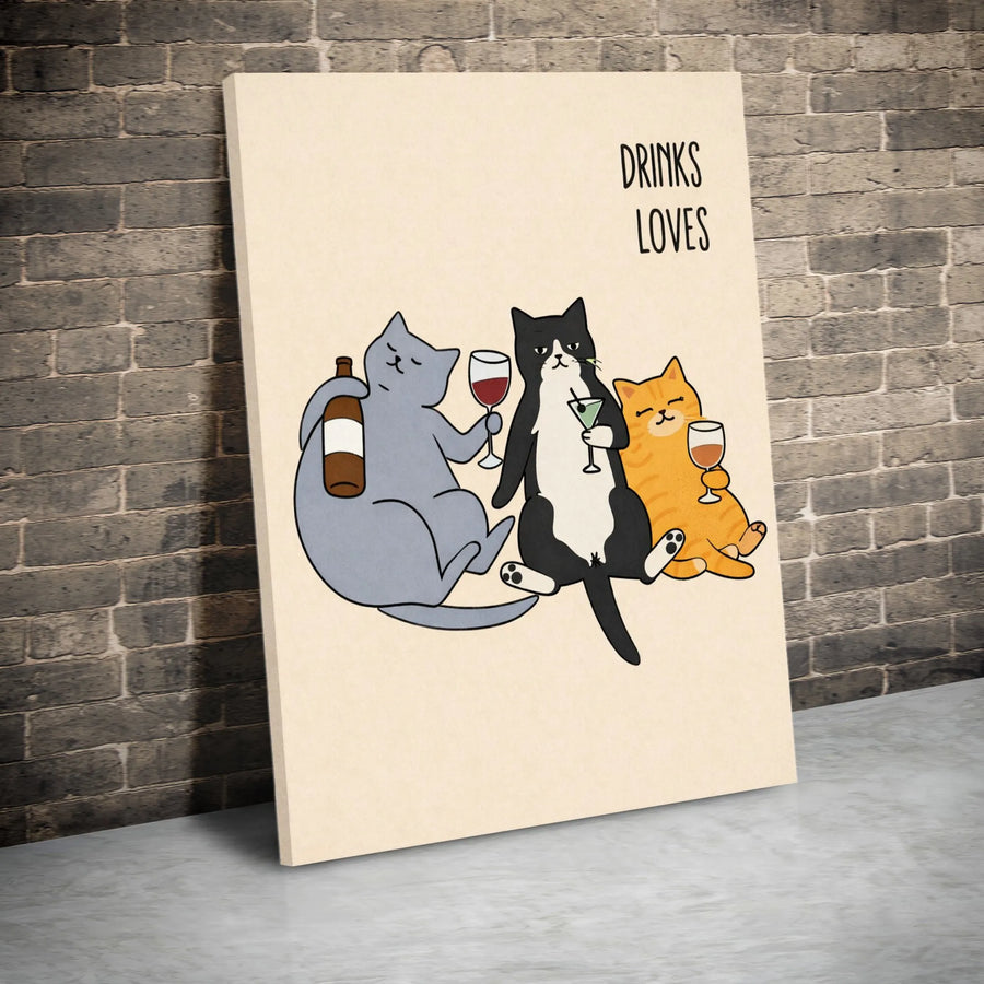 Funny Cats Drinking Wine Canvas Wall Art | Cute Cartoon Illustration | Premium Gallery Wrap Print | Humorous Bar Decor Gift for Cat Mom