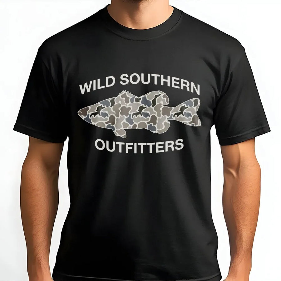 Fishing T-Shirt | Camo Bass Fish Graphic | Premium Cotton Unisex Apparel | Outdoor Adventure Gift for Fishermen & Outdoorsmen