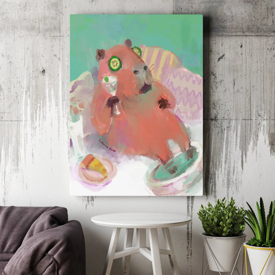 Funny Capybara Wall Art | Spa Day Watercolor Painting | Premium 1.25" Thick Canvas | Unique Bathroom Decor Gift for Animal Lovers