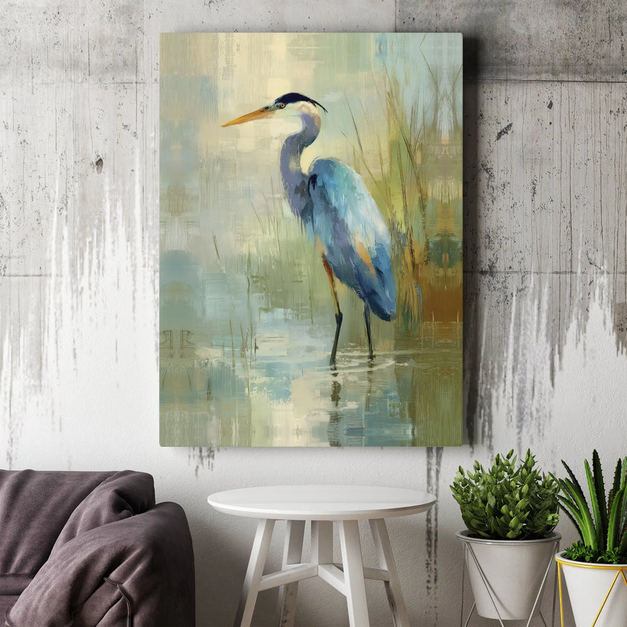 Blue Heron Canvas Wall Art | Abstract Coastal Bird Painting | Premium Thick Gallery Wrapped Canvas | Modern Farmhouse Decor Gift for Nature Lovers
