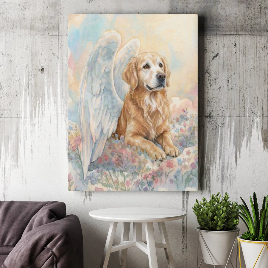 Golden Retriever Angel Canvas Wall Art | Watercolor Dog with Wings Painting | Premium Frameless Canvas Print | Pet Loss Sympathy Gift for Dog Lover