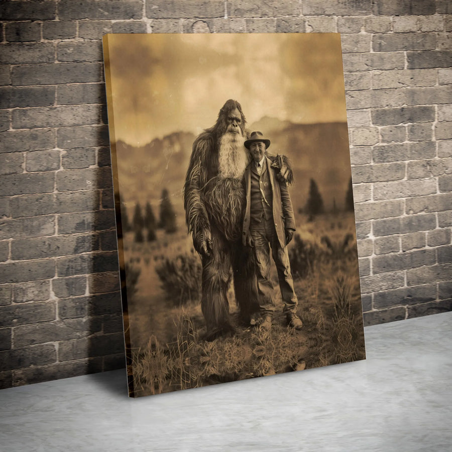 Bigfoot Wall Art Canvas | Vintage Sepia Photograph Portrait | Gallery Wrap Premium Print | Unique Gift for Cryptozoology Fans and Outdoorsmen