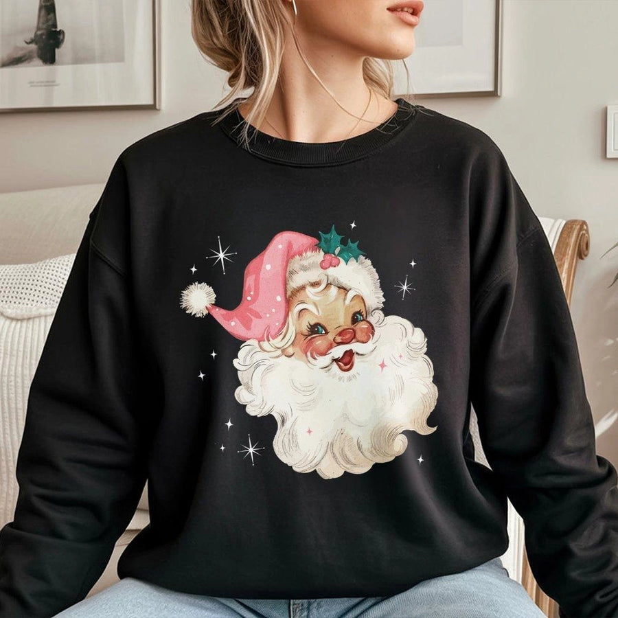 Retro Santa Sweatshirt | Cute Pink Holiday Vintage Design | Premium Cotton Blend Crewneck | Festive Christmas Gift for Women and Men