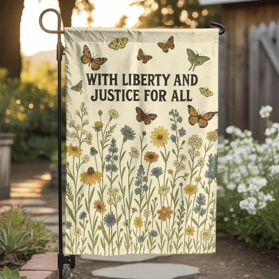 Liberty and Justice For All Garden Flag | Vintage Wildflower & Butterfly Art | Double Sided Polyester Banner | Patriotic Yard Decor Gift