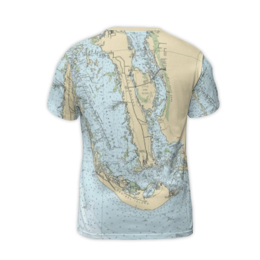 Sanibel Island Nautical Chart T-Shirt | Vintage Florida Coast Map All-Over Print | Premium Polyester Jersey | Beach Lover Gift & Vacation Apparel