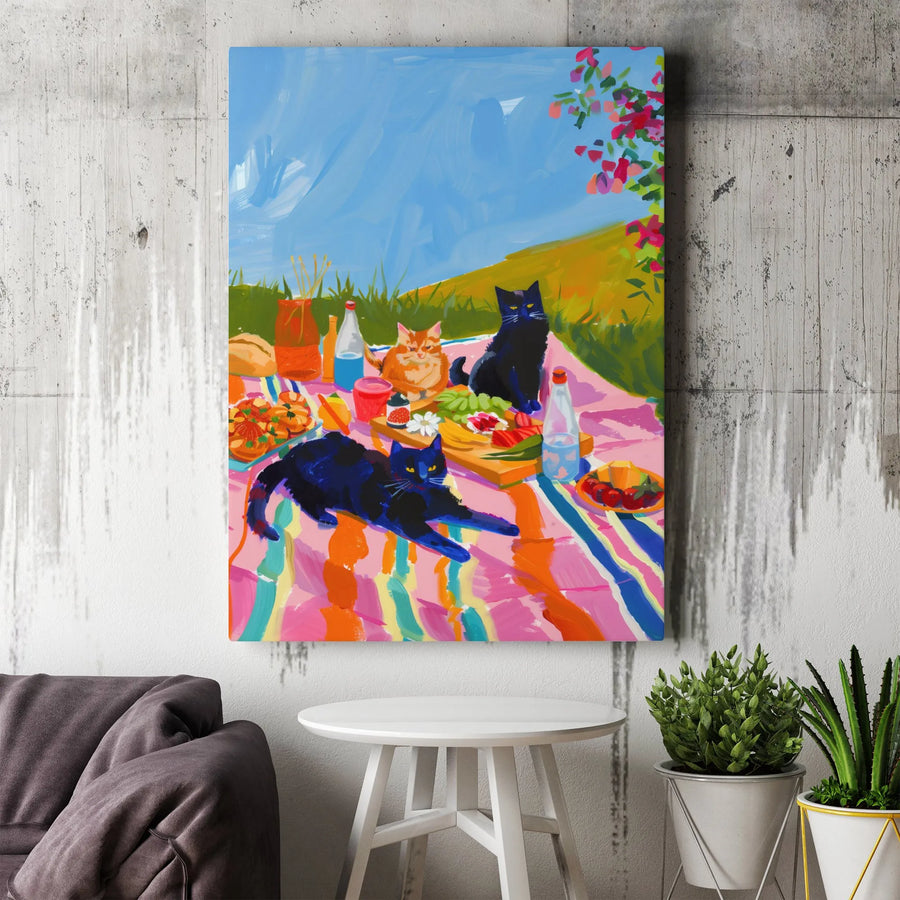 Cats Picnic Canvas Wall Art | Whimsical Summer Garden Painting | Premium Gallery Wrapped Decor | Gift for Cat Lovers & Pet Owners