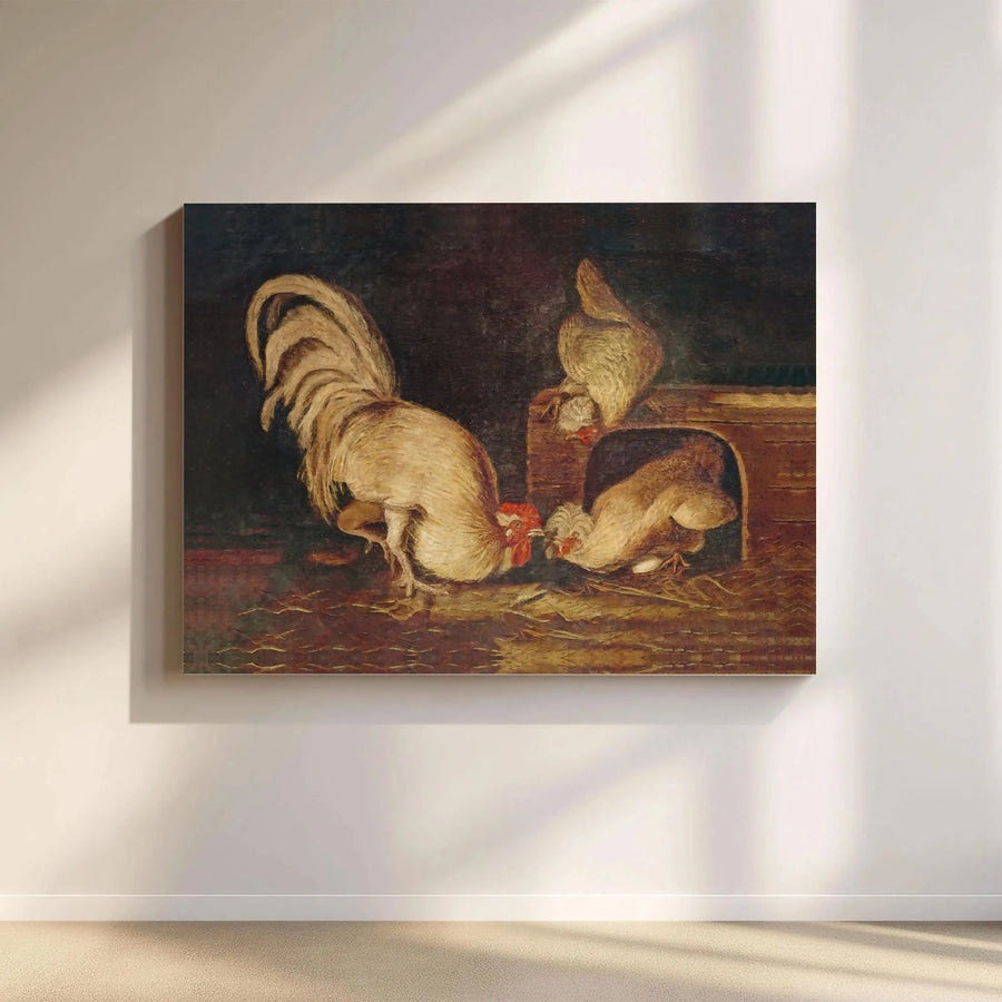 Vintage Rooster and Hens Canvas Print | Classic Farmhouse Oil Painting Reproduction | Premium Gallery Wrapped Canvas | Rustic Kitchen and Country Home Decor Gift