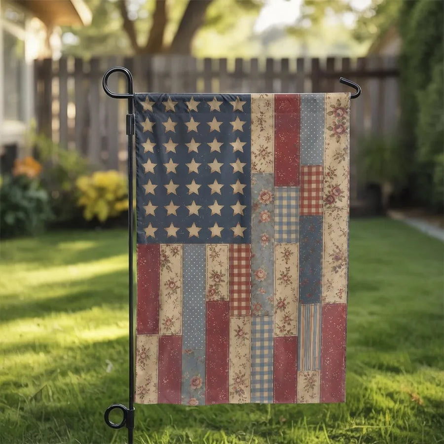 Vintage American Flag Garden Flag | Rustic Patchwork Floral & Plaid Design | Double-Sided Weather-Resistant Polyester | Patriotic Outdoor Yard Decor Gift