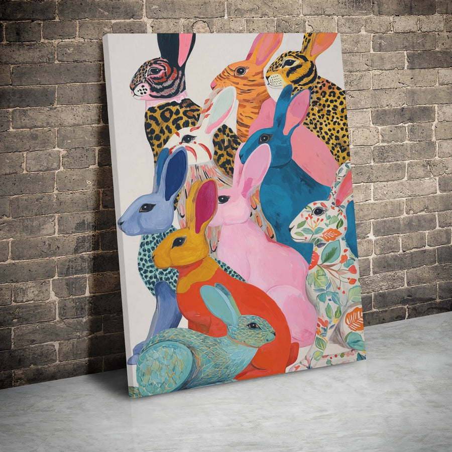 Colorful Rabbit Wall Art Canvas | Whimsical Animal Pattern Illustration | Premium Gallery-Wrapped Print | Vibrant Gift for Nursery and Home Decor