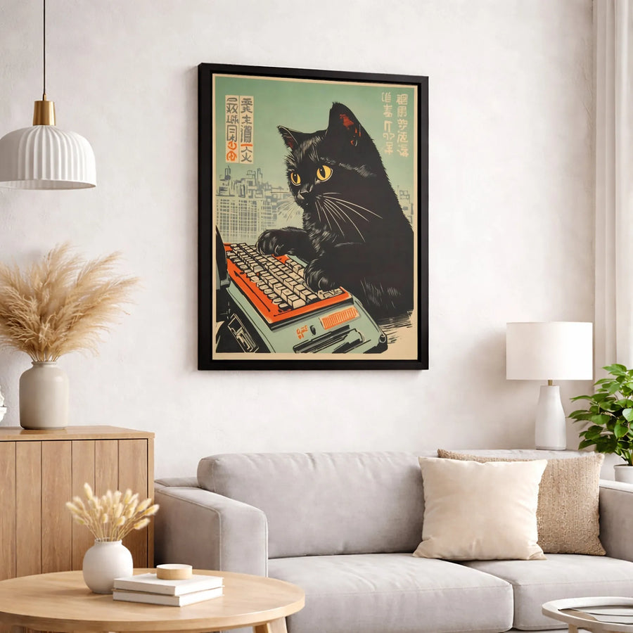 Black Cat Typing Canvas Print | Japanese Ukiyo-E Retro Aesthetic | Gallery-Quality 1.25-Inch Profile | Quirky Office Art & Cat Lover Gift