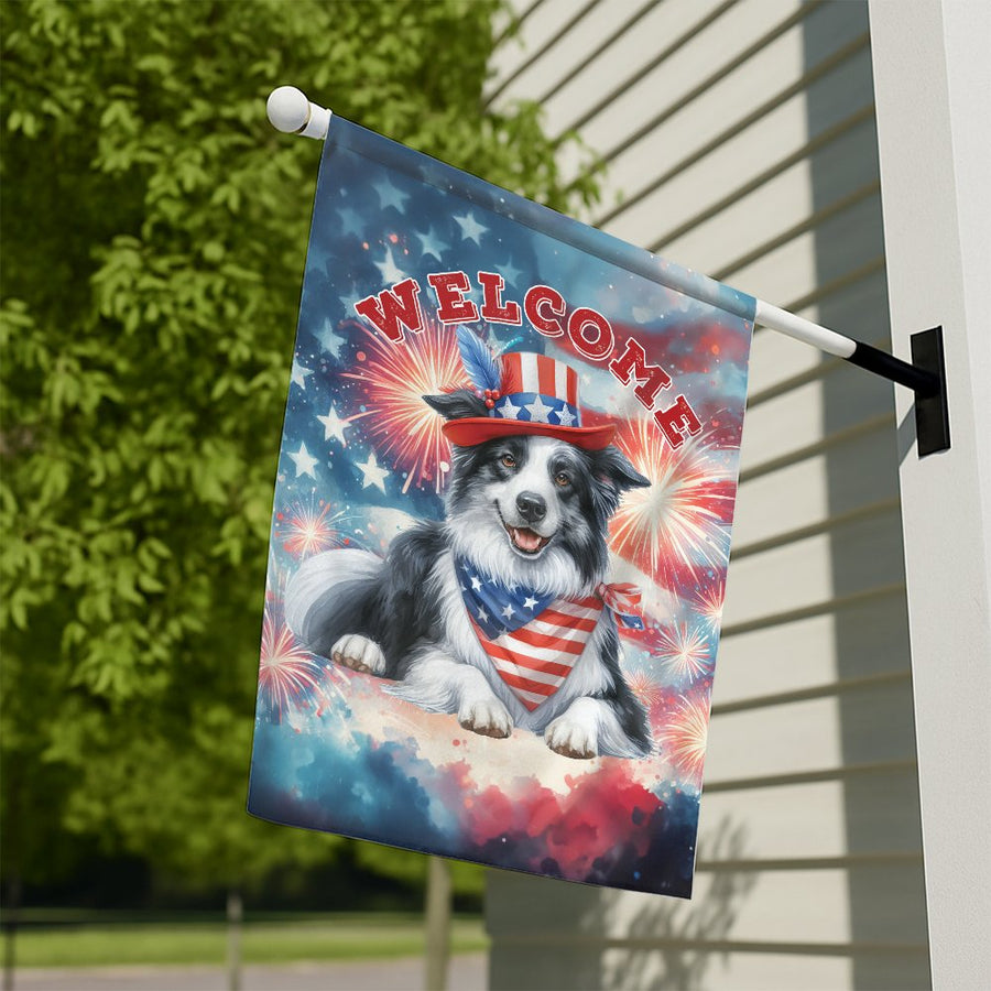 Patriotic Border Collie Welcome Flag | 4th of July Fireworks Outdoor Decor | Premium Weather-Resistant Polyester | House Garden Gift for Dog Lovers