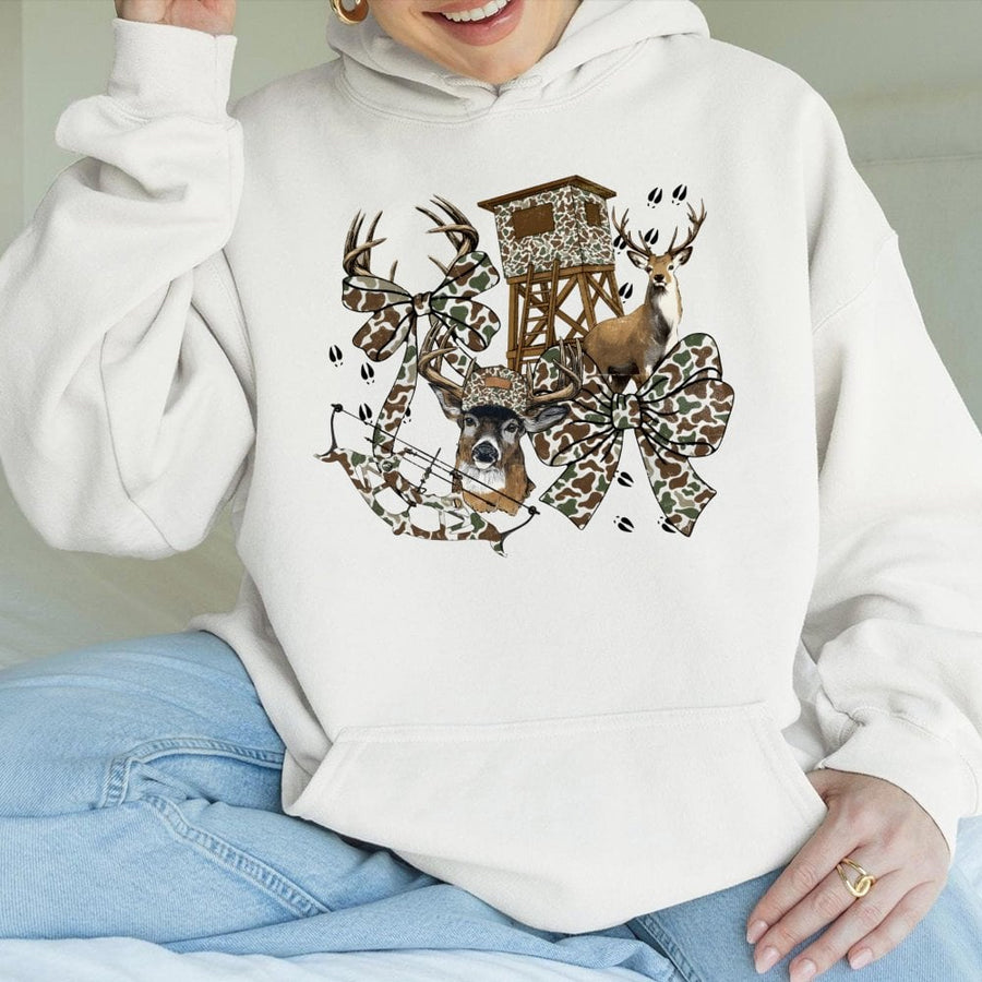 Camo Bow Deer Hunting Hoodie | Preppy Aesthetic Bow Graphic | Soft Cotton-Blend Premium Quality | Gift for Women and Girls Who Hunt
