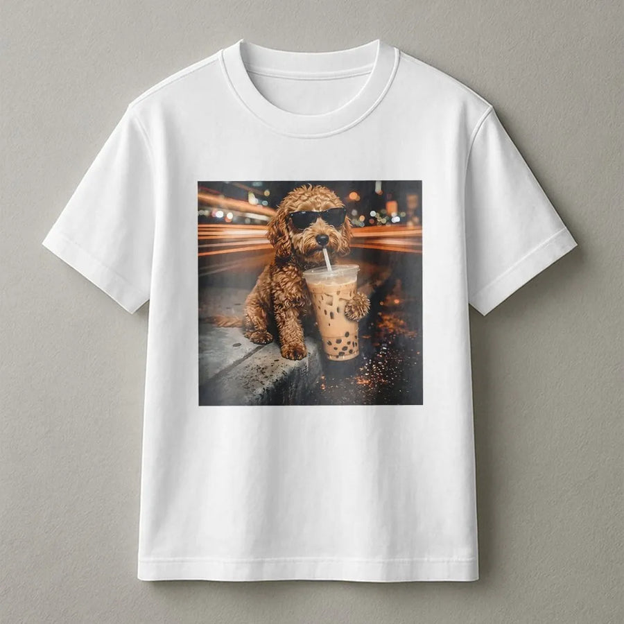 Funny Dog T-Shirt | Poodle with Sunglasses Drinking Boba Tea | Premium Cotton Tee | Unique Gift for Dog Lover