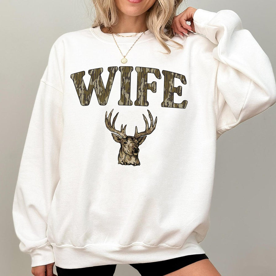 Wife Hunting Sweatshirt | Camo Deer Antler Graphic Design | Premium Cotton Blend | Gift for Hunter Wife and Outdoor Enthusiast