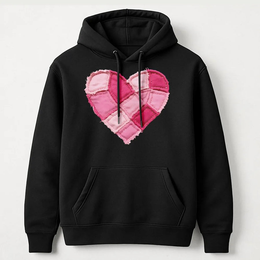 Patchwork Heart Hoodie | Valentine Faux Quilt Pink Graphic Design | Premium Cotton-Poly Blend | Cute Romantic Gift For Her
