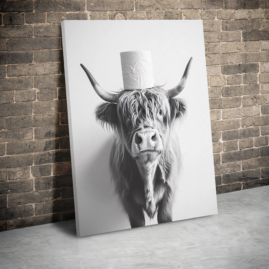Highland Cow Bathroom Wall Art | Funny Toilet Paper Cow Portrait | Modern Farmhouse Canvas Decor | Humorous Restroom Gift for Cow Lovers