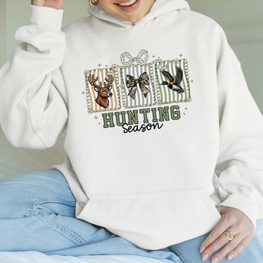 Hunting Season Hoodie | Cute Deer And Mallard Duck Camo Bow Graphic | Premium Cotton Blend | Gift For Women Who Love Outdoors And Country Style