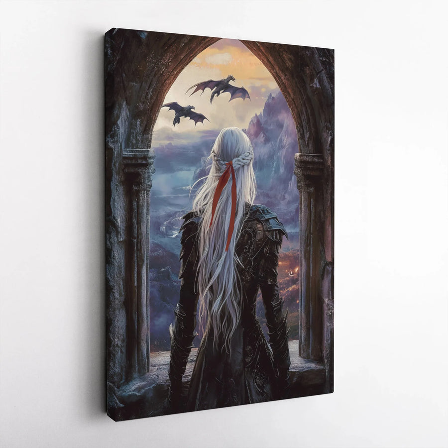 Fantasy Dragon Queen Canvas Wall Art | Warrior Princess Archway View | Premium Gallery Wrap Print | Epic Home Decor Gift for Fantasy Lovers