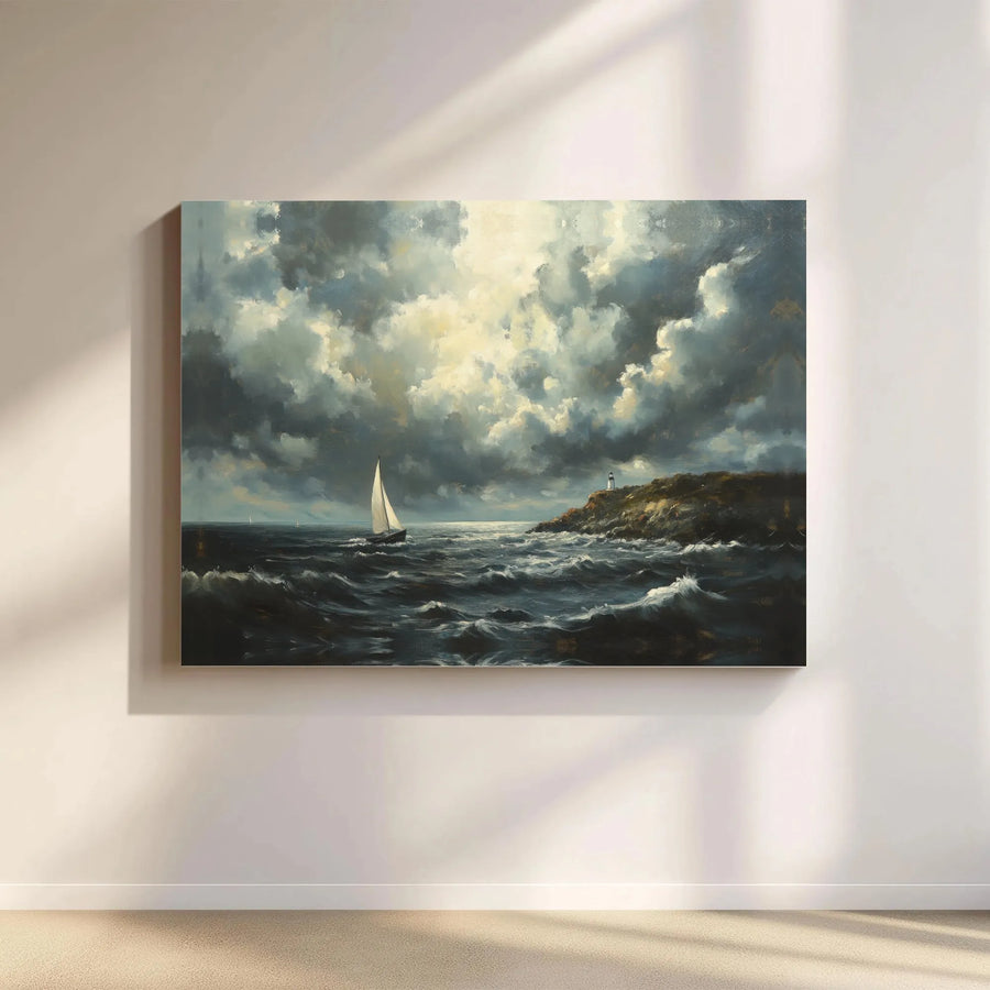Dramatic Seascape Canvas Print | Moody Ocean Sailboat & Lighthouse Artwork | Gallery Wrapped Premium Wall Decor | Coastal Living Room Gift