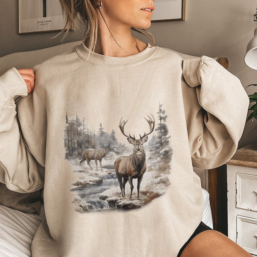 Deer Wilderness Scene Sweatshirt | Watercolor Wildlife Forest Print | Premium Cotton Blend | Gift for Nature Lovers and Outdoor Enthusiasts