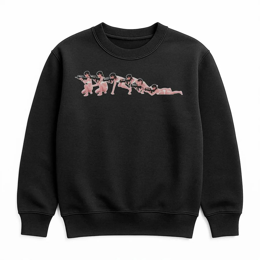 Tactical Bikini Girl Sweatshirt | Anime Style Armed Waifu Graphic | Premium Cotton Blend Crewneck | Edgy Streetwear Gift for Gaming Fans