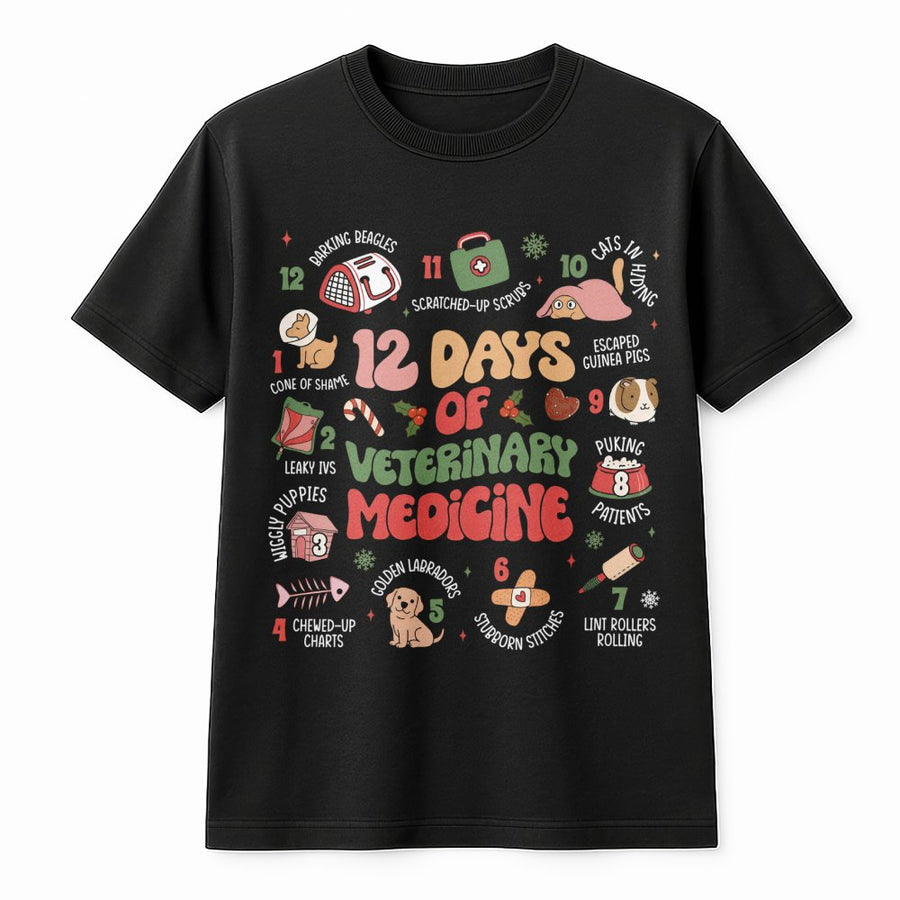 12 Days of Veterinary Medicine T-Shirt | Funny Vet Tech Christmas Graphic | Premium Cotton Unisex Tee | Gift for Veterinarian Staff