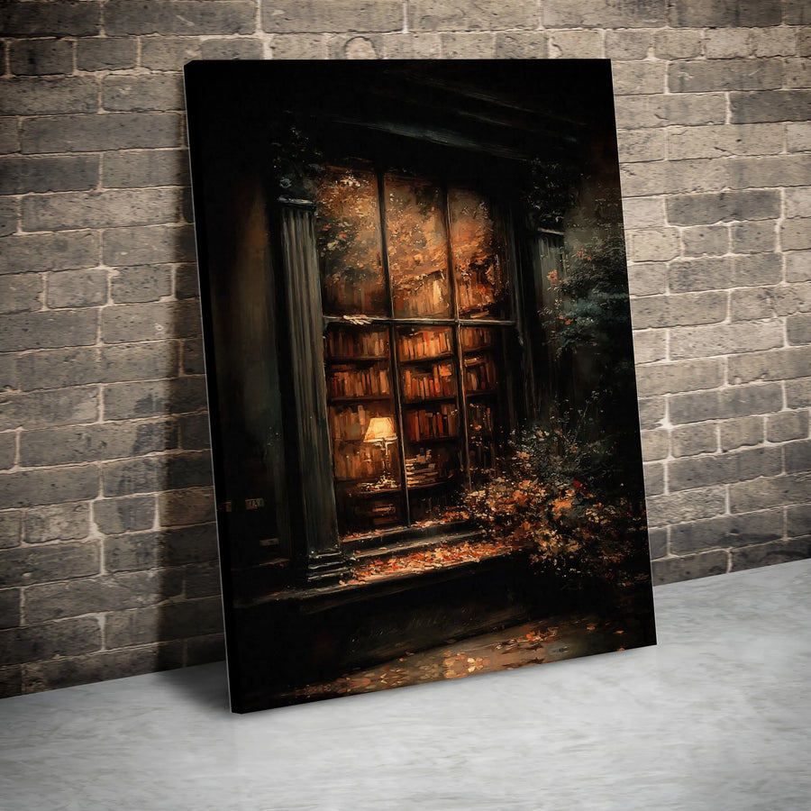 Cozy Library Canvas Wall Art | Autumn Bookcase Window Scene | Premium Gallery-Wrapped Print | Warm Aesthetic Decor for Readers & Home Library