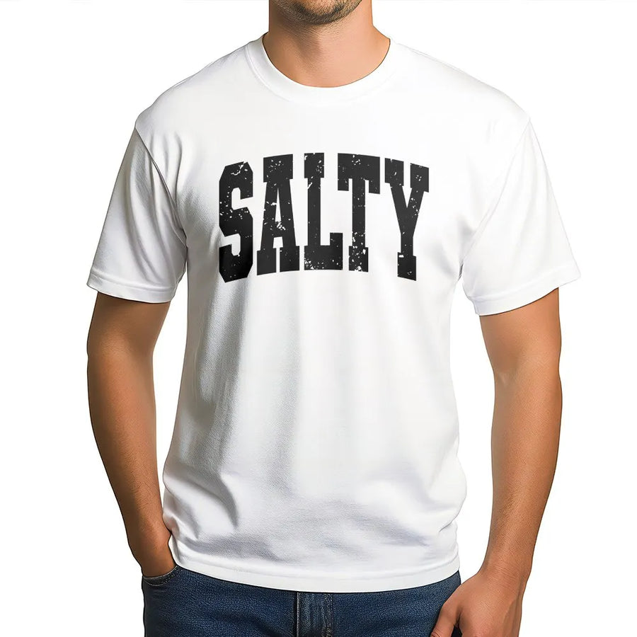 Salty T-Shirt | Distressed Varsity Graphic Crewneck | Premium Cotton Blend | Gift for Beach and Ocean Lover