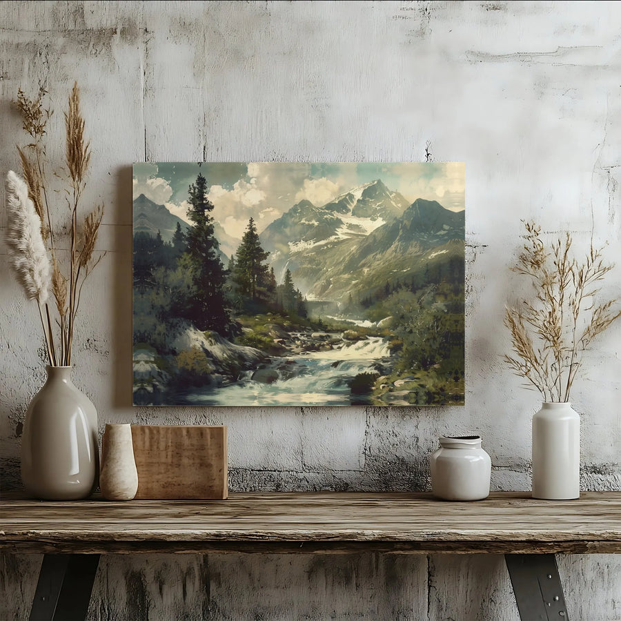 Vintage Mountain Wall Art | Rustic River & Snow Capped Mountain Painting | Premium Gallery Wrapped 1.25" Canvas | Cabin & Lodge Decor Gift