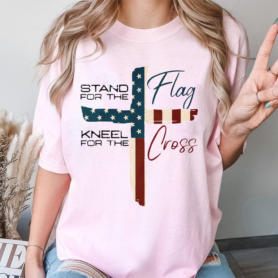 Stand For The Flag Kneel For The Cross T-Shirt | Patriotic American Flag Religious Graphic | 100% Cotton Premium Tee | Faith & Country Gift For Men Women