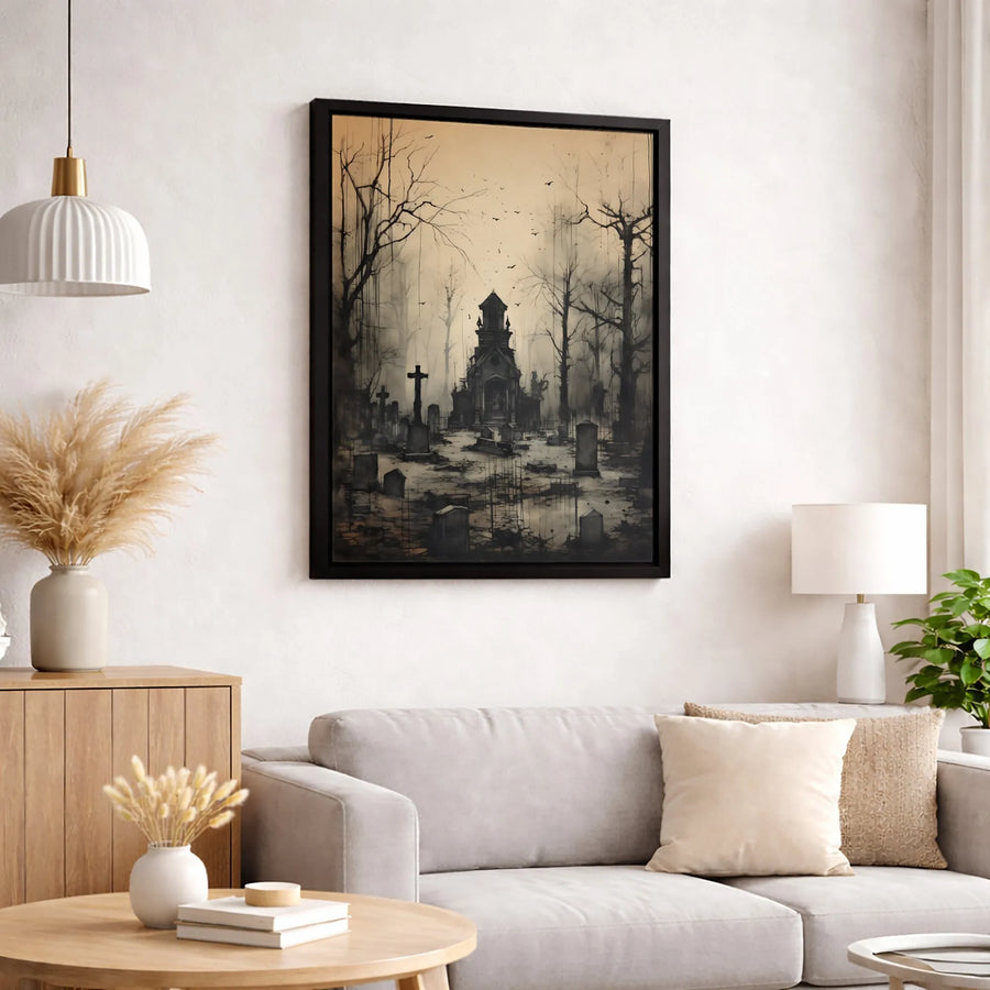 Haunted Graveyard Canvas Wall Art | Gothic Church Cemetery Print | Premium Gallery-Wrapped Decor | Spooky Halloween Home Decor Gift