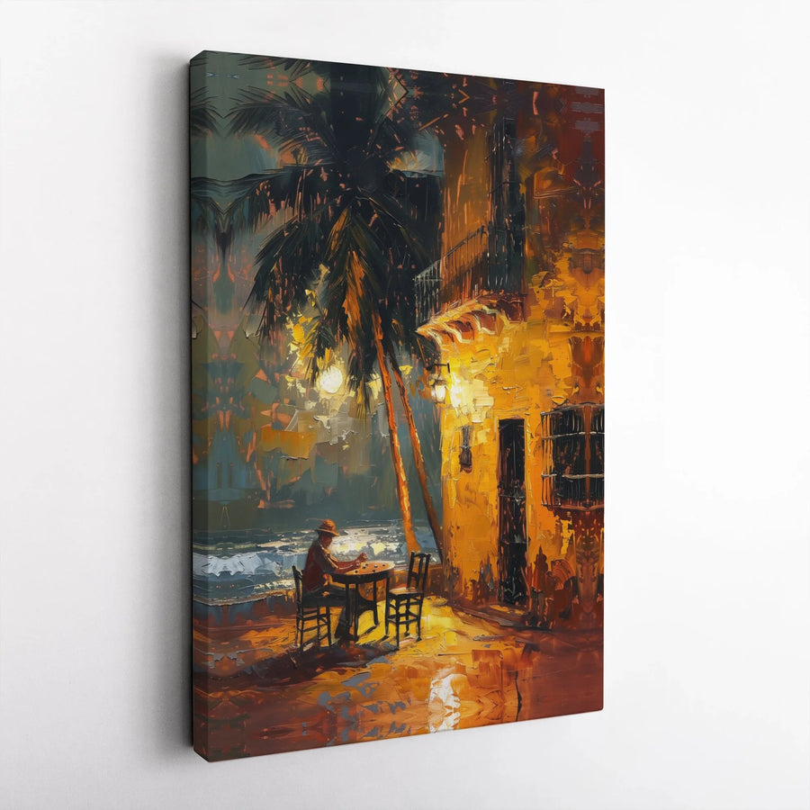 Coastal Night Scene Canvas Wall Art | Impressionist Man by the Sea Painting | Premium Gallery-Wrapped Print | Coastal Home & Office Decor Gift