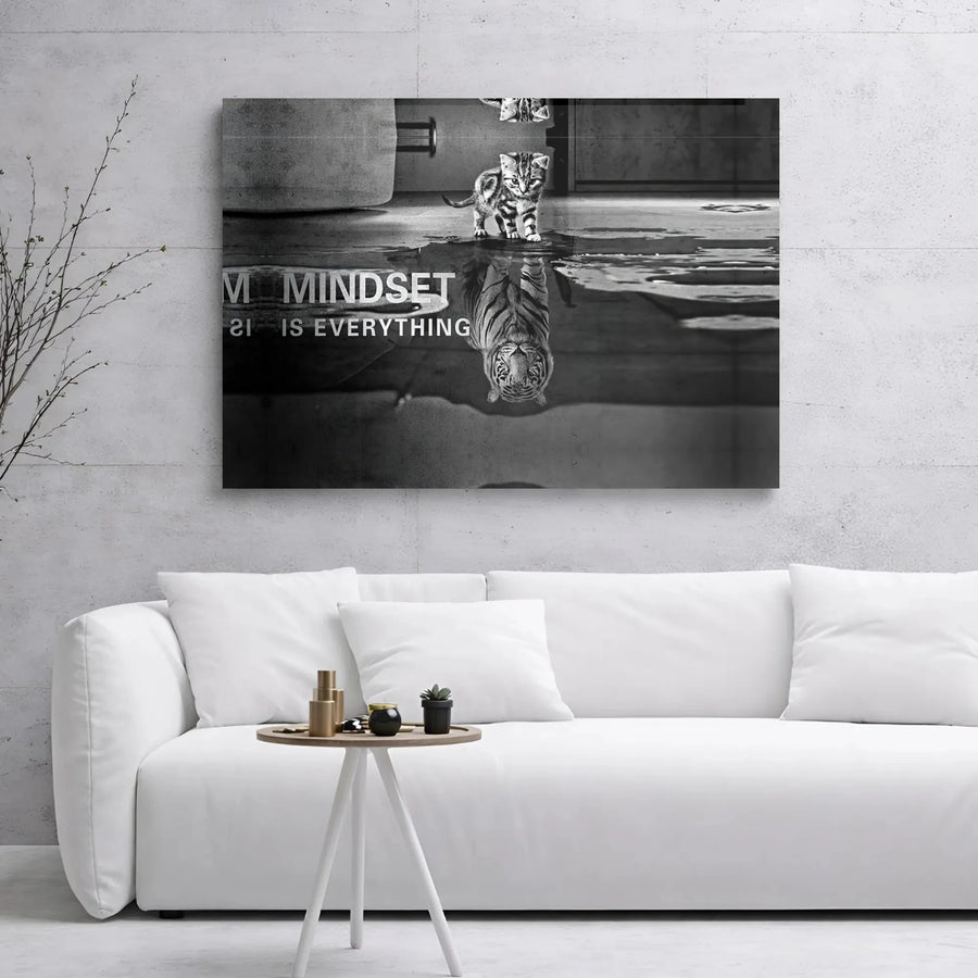 Mindset Is Everything Canvas Wall Art | Tiger Reflection Kitten Print | Premium Gallery Wrap Decor | Motivational Office Gift