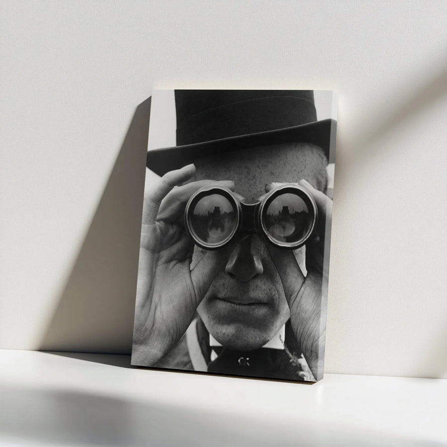 Black and White Man with Binoculars Canvas | Cinematic Noir Wall Art | Premium High-Resolution Print | Collector's Gift for Office & Home Decor