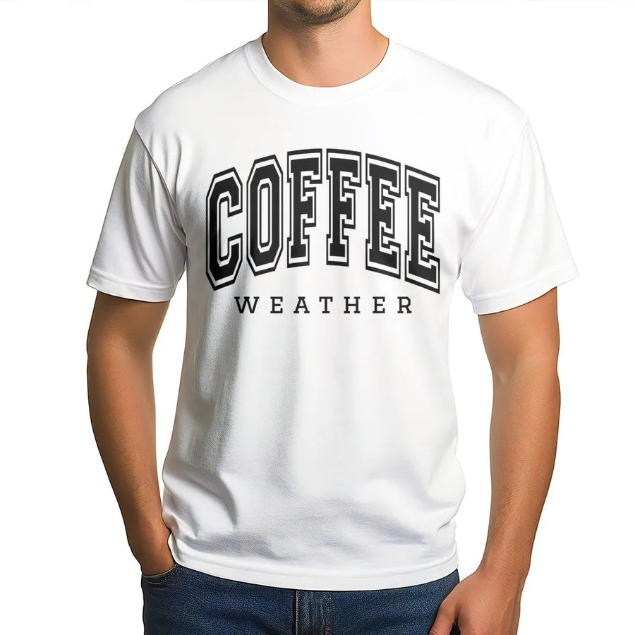 Coffee Weather T-Shirt | Minimalist Varsity Text Design | 100% Soft Cotton Premium Tee | Cute Fall Aesthetic Gift for Coffee Lovers