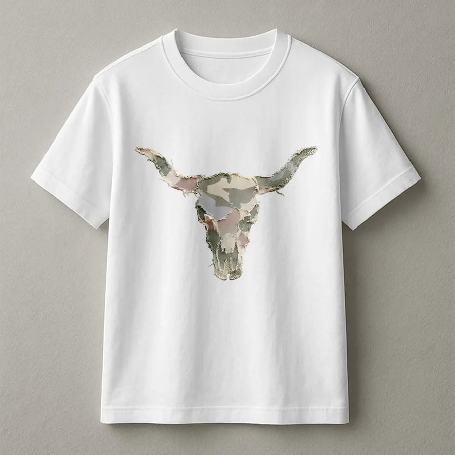 Western Longhorn Skull T-Shirt | Camo Faux Patchwork Graphic | Premium Unisex Pullover | Rustic Country Style Gift