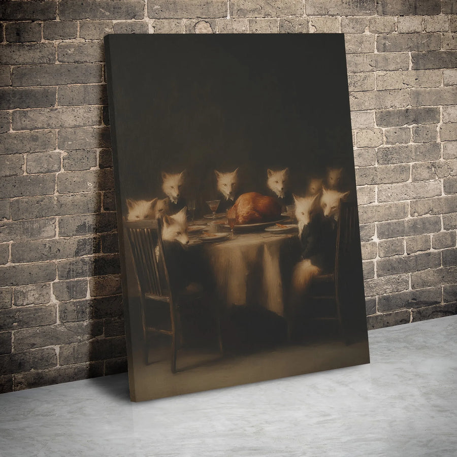 Fox Dinner Party Canvas Wall Art | Surreal Whimsical Animals in Suits | Premium Gallery Wrap Print | Unique Gift for Animal Lovers