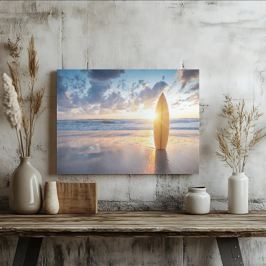 Surfboard at Sunrise Canvas Wall Art | Coastal Ocean Photography | Premium Fade-Resistant Print | Beach House Decor Gift for Surfers