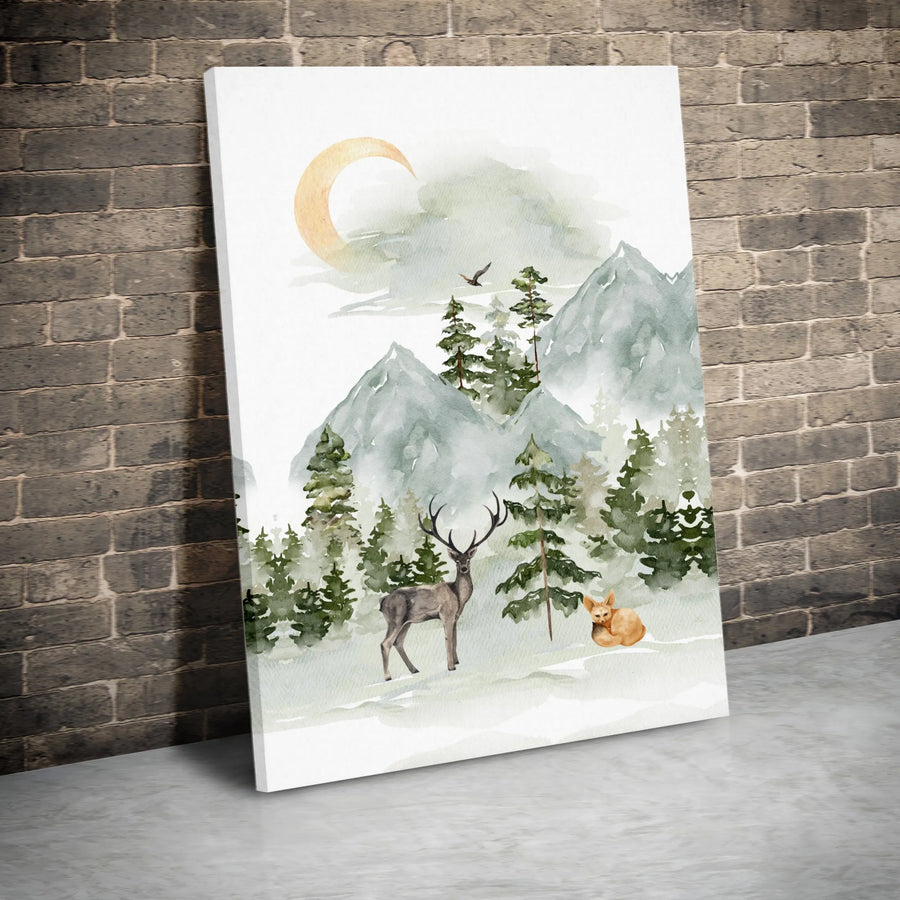 Watercolor Deer and Fox Canvas Wall Art | Snowy Mountain Forest Landscape | Premium Gallery Wrapped Print | Nature Nursery Home Decor Gift