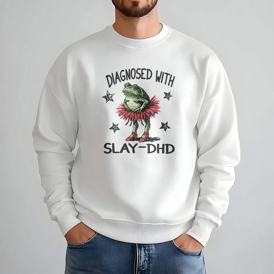 Funny ADHD Frog Sweatshirt | Diagnosed With Slay-DHD Meme Graphic | Premium Comfort Colors Tee | Neurodivergent Awareness Gift