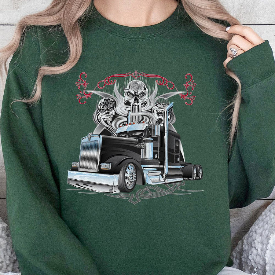 Semi Truck Skull Graphic Sweatshirt | Vintage Diesel Big Rig Design | Premium Unisex Pullover | Gift for Trucker Dad Truck Driver