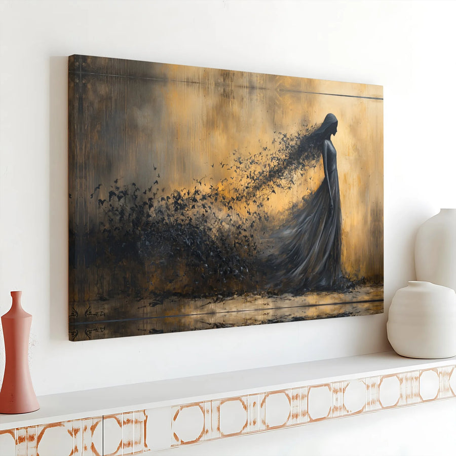 Abstract Woman In Black Dress Canvas Print | Dissolving Into Birds Wall Art | Premium Gallery Wrapped Decor | Surreal Gothic Home Gift