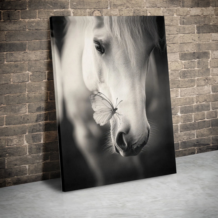 Horse and Butterfly Canvas Wall Art | Black and White Animal Photography | Premium Gallery Wrapped Canvas | Equestrian Home Decor Gift