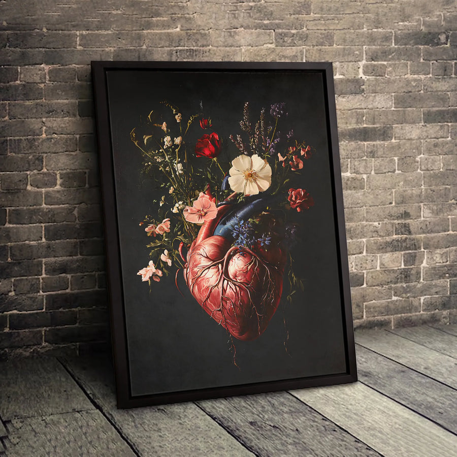 Anatomical Heart Wall Art | Floral Bouquet Botanical Print | Premium 1.25-Inch Gallery Canvas | Unique Medical Aesthetic Home Decor Gift