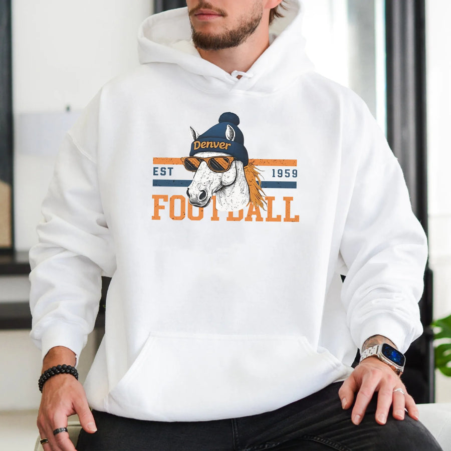 Denver Bronco Vintage Hoodie Retro Football Horse Design Game Day Fan Apparel Unisex Soft Hoodie, Gift For Men Women
