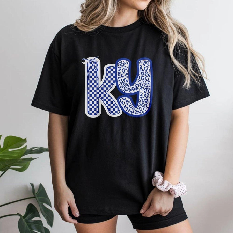 Kentucky State T-Shirt | Checkerboard Leopard Print KY Graphic | Premium Soft Cotton | Trendy Kentucky Gift for Locals & Alumni