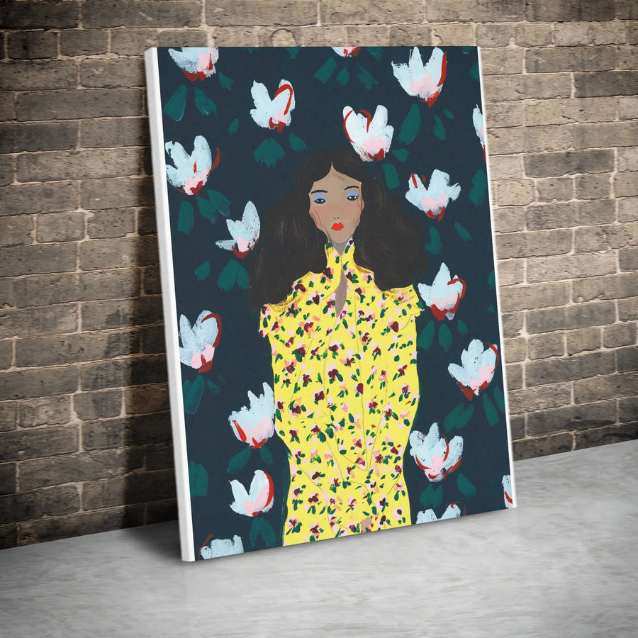 Floral Woman Canvas Wall Art | Modern Painterly Portrait in Yellow Dress | Premium Gallery Wrapped Canvas | Boho Home Decor Gift for Her