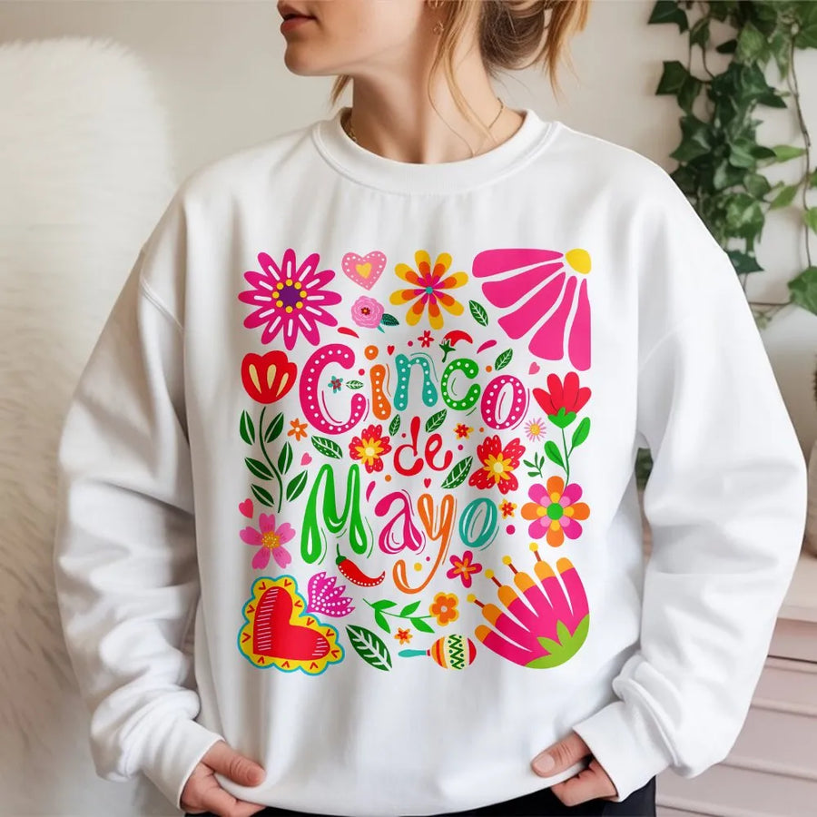 Cinco De Mayo Sweatshirt | Colorful Mexican Folk Art Graphic | Premium Cotton-Blend Sweatshirt | Unisex Fiesta Party Gift